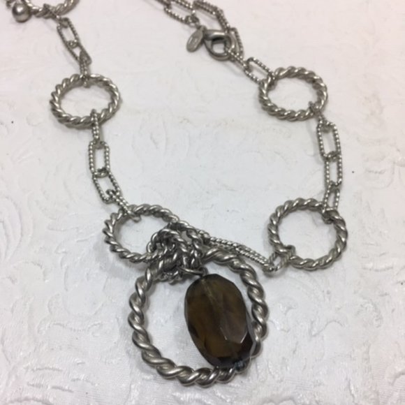 Silver Toned Circles Rectangles Smoky Quartz Stone Chain Adjustable Necklace - Picture 5 of 6